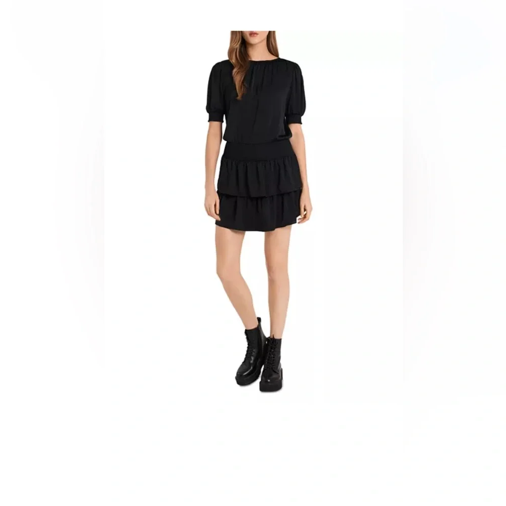 1.STATE Black Smocked Waist Tiered Mini Dress NWT - Picture 2 of 4